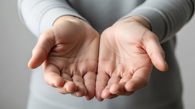 Close-up view of open hands, palms facing up, against a soft gray backdrop