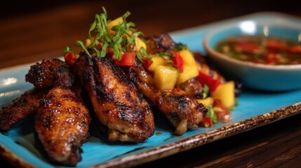 Grilled chicken wings with mango salsa garnish on rustic platter.