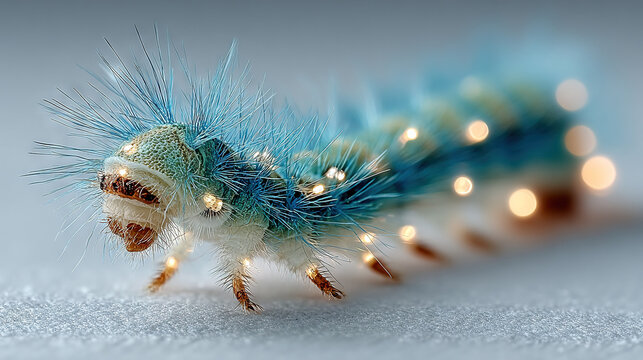 Close-up of a caterpillar with bristly blue setae crawling on a textured surface