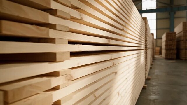 Rows of stacked timber planks in large industrial lumber yard