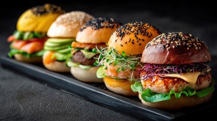 Gourmet mini burgers selection with unique ingredients and toppings.