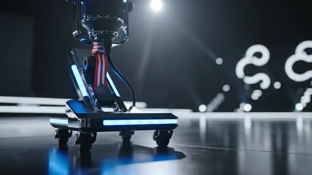 Robotic Platform on Stage: A futuristic, sleek robotic platform stands in the spotlight on a polished stage, its design a fusion of advanced technology and captivating aesthetics.