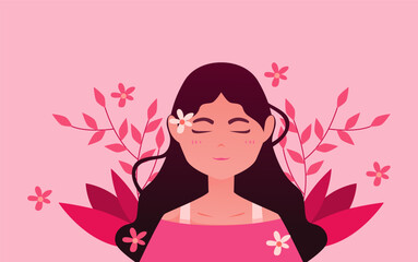 Illustration of a smiling woman on a pink background.