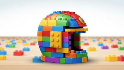 Colorful Lego Structure on Sandy Surface.