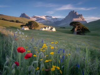 Scenic View of Mountains with Green Grass, Highlighting the Tranquility of the Natural Landscape