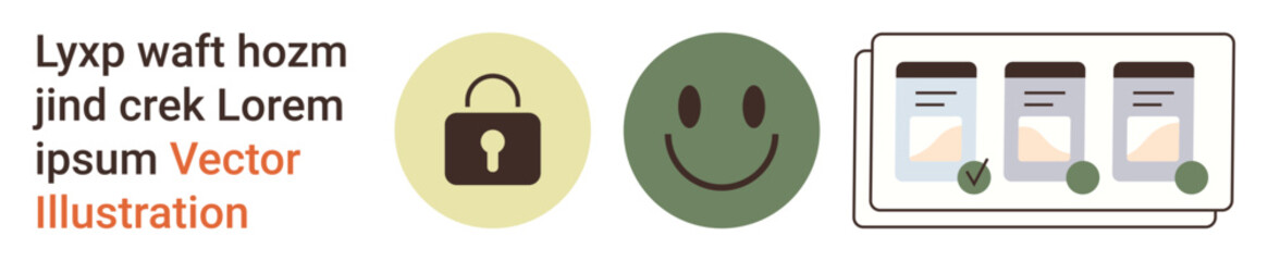 Fototapeta premium Data privacy, security protocols, app development, user experience, online verification, satisfaction. Lock symbol, happy face app screens with checkmarks. Data privacy and security protocols