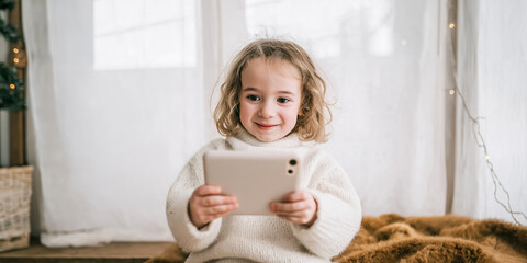 Young child communicating with family or friends on a mobile device, enjoying connectivity and digital interaction
