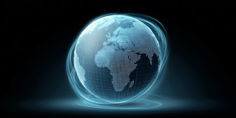 Digital Earth globe presenting global network, data, and technology concepts with glowing blue dots and light trails