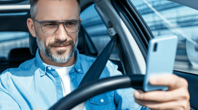 Adult male driver concentrating on his smartphone inside a vehicle, engaging with technology instead of the road - Powered by Adobe