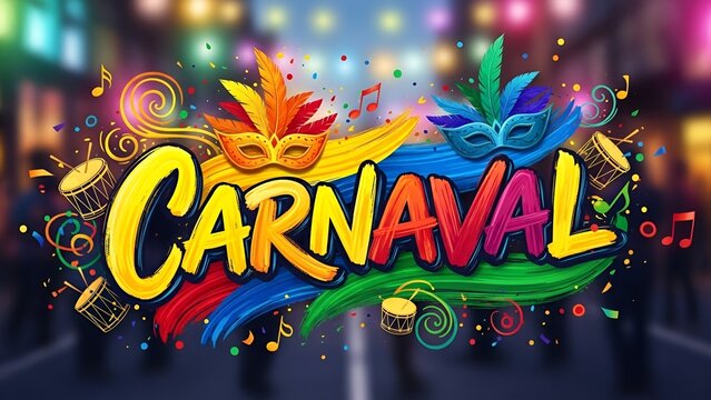 Letreiro Carnaval com estilo art&iacute;stico pintado &agrave; m&atilde;o e cores vibrantes e alegres