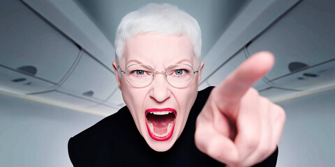 Naklejka premium Furious woman on an airplane yelling and pointing directly at camera, showing intense anger and conflict during air travel