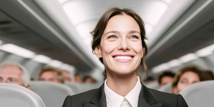 Smiling flight attendant looking up in airplane cabin, passengers travelling in background, professional hospitality service staff