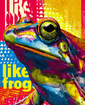 Vibrant pop art frog artwork with geometric patterns