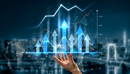 A hand reaches out towards colorful digital graphs and arrows representing growth, emphasizing the importance of data visualization in modern business strategies and economic trends. Scalp