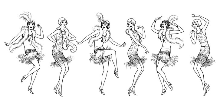 1920s Flapper Dancers Illustration Set in Art Deco style wearing fringe dresses, pearls and headbands, inspired by Jazz Age, Charleston dance and vintage fashion.