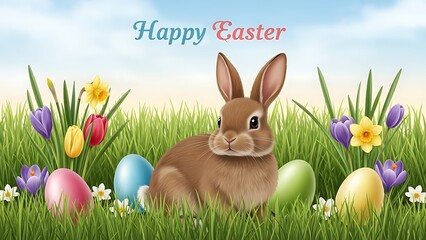 Cute brown bunny sits in grass amongst colorful eggs and flowers with "Happy Easter" text