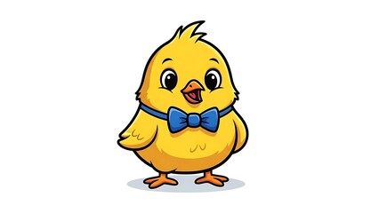 Fototapeta premium Cute cartoon chick with yellow feathers, blue bow tie, orange feet, and open beak