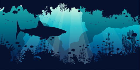 Naklejka premium Underwater cave with silhouette of shark, coral reef and fishes. Vector illustration with marine life. Seascape image.