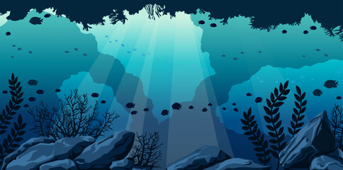 Silhouette of shark and underwater cave