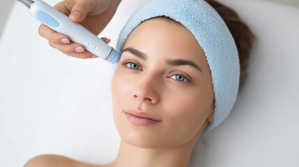 Woman getting professional hydro facial treatment, providing deep cleansing and skin rejuvenation at a cosmetology clinic