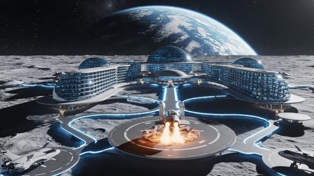 Futuristic concept design showcases a sprawling, illuminated luxury habitat complex established on the desolate lunar surface with Earth rising majestically overhead.