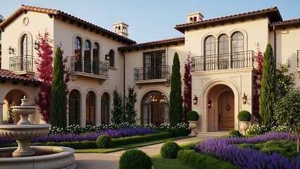 Elegant two-story villa with arches, balconies, and a garden, bathed in sunlight
