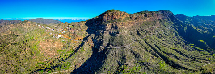 Aerial view of Highlands Mountain Cliffs and Volcanic Topography at Caldera de Tejeda and Artenara,...