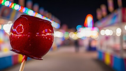Candy Apple at Nighttime Carnival Fair.