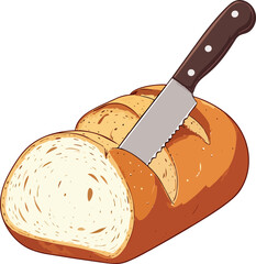 Knife Slicing Through Fresh Loaf of Bread Mid-Motion Capturing Texture and Culinary Action