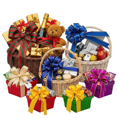 Colorful gift baskets and boxes isolated on transparent background