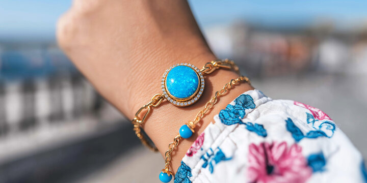 Woman's arm showing stylish gold chains and blue opal bracelet, symbolizing luxury, elegance, and fashion
