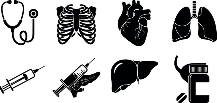 Black silhouette medical equipment and human organs vector icon set including stethoscope syringe ribcage lungs heart liver pancreas and pills