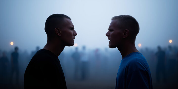 Two young men debating, facing each other in conflict during a street confrontation in the fog at dusk