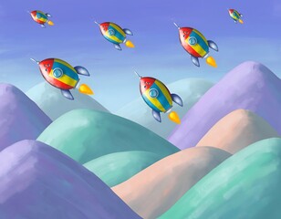 Surreal Lying Jellybean Rockets Floating Above a Chaotic Pastel Mountain Landscape in Whimsical Fantasy Scene