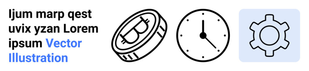 Capsule pill, clock, and gear icon in minimalistic vector style. Ideal for medicine, time management, healthcare, productivity, engineering, modern tech simple landing page