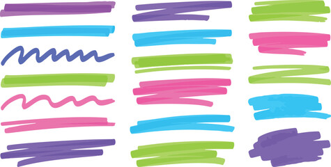 Obraz premium Colorful brush stroke lines, purple, pink, green, blue, hand drawn, illustration, for design element, overlay, texture, background, website, social media, banner, eps