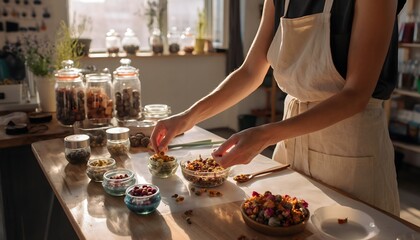 Artisan Preparing Herbal Teas Using Dried Flower Petals in a Traditional Natural Setting