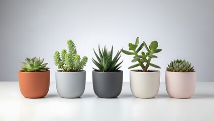 Fototapeta premium Five potted succulents of diverse types, lined up against a white backdrop