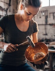 Skilled Artisan Metalworker Hammering Decorative Pattern onto Copper Bowl with Precision Craftsmanship