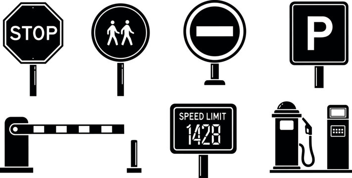 Black and white flat design of traffic signs including stop, pedestrian crossing, no entry, parking, barrier gate, speed limit digital sign, and fuel pump icons