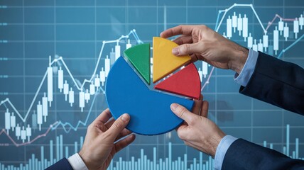 Professional Analyst Holding Physical Pie Chart Pieces Against a Digital Background of Stock Market Growth and Financial Data