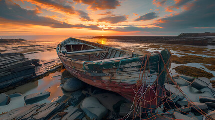 Serene coastal scene with old wooden fishing boat at sunset