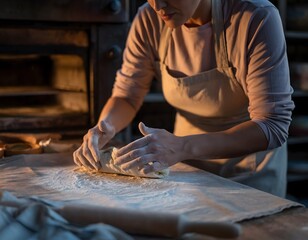 Local Baker Shaping Fresh Bread Amid Warm Rustic Oven Glow in Traditional Kitchen Setting