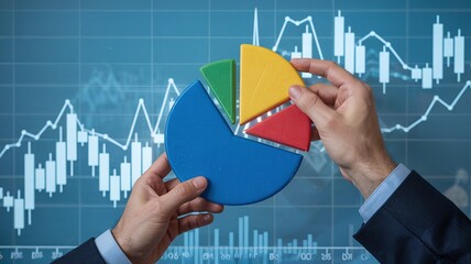 Professional Analyst Holding Physical Pie Chart Pieces Against a Digital Background of Stock Market Growth and Financial Data