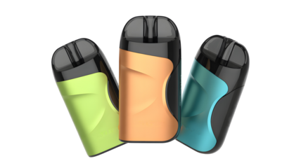 Three Colorful Modern Vape Pod Systems Displayed Together, Isolated on a Transparent Background