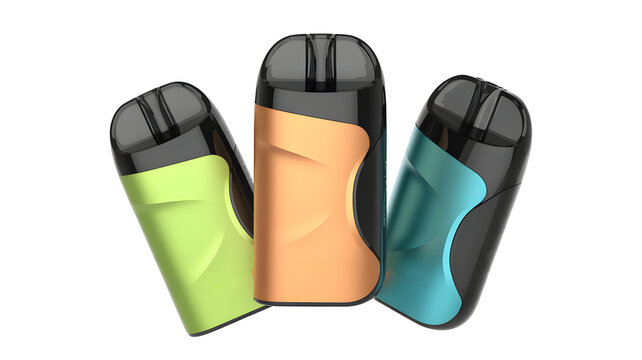 Three Colorful Modern Vape Pod Systems Displayed Together, Isolated on a Transparent Background