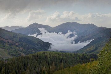 Low lying clouds nestled between mountains