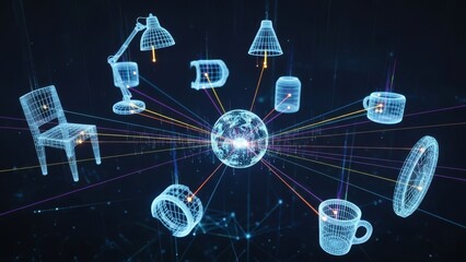 Abstract network of objects orbiting glowing digital globe