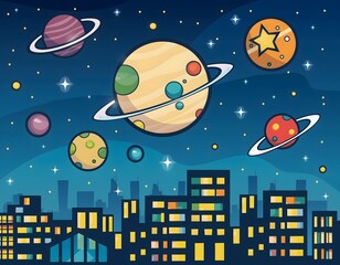 Playful Cartoonish Planets Orbiting Above a Modern City Skyline in a Vibrant Imaginative Scene