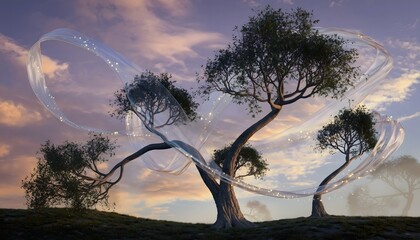 Surreal Bending Trees Intertwining with Angelic Ribbons Flowing Gracefully Through the Sky